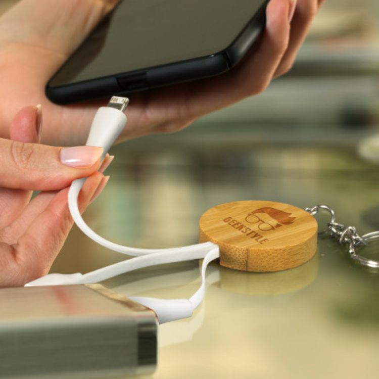 Picture of Bamboo Charging Cable Key Ring - Round